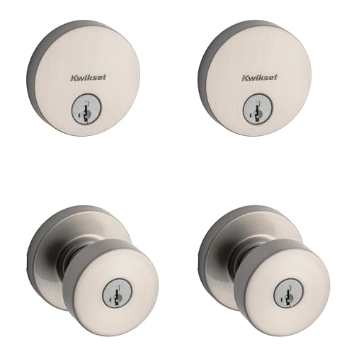 Image of Kwikset Pismo Round Front Door Lock Handle and Deadbolt Set, Entry Exterior with Interior Door Knob, Satin Nickel, Project Pack, Pick Resistant SmartKey Rekey Deadbolt Security
