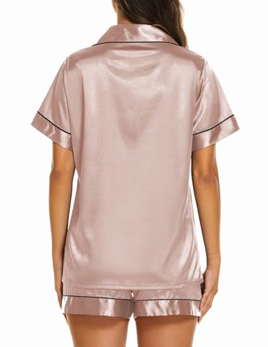 Image of Ekouaer Satin Pajamas for Women Summer Short Pjs Bridesmaid Sleepwear Silk Button Up Nightwear 2 Piece Shorts Set,Pale Coffee,Small