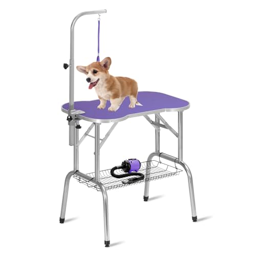 Polar Aurora 32'' Dog Grooming Table,Adjustable Dog Pet Grooming Table, Foldable Pet Station with Adjustable Height Arm,Noose,Mesh Tray,Maximum Capacity Up to 330Lb Purple