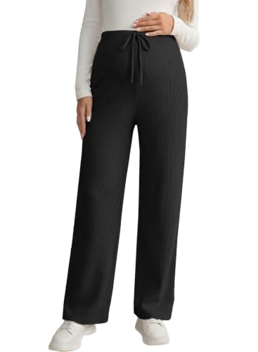 BLENCOT Women's Maternity Pants Casual Stretchy Wide Leg Drawstring Pregnancy Bottoms with Pockets for Postpartum Black Large