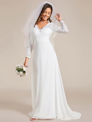 Ever-Pretty Women’s Fall Long Sleeve Lace V Neck Wedding Dress with Train Bridal Gown 01925-PH4