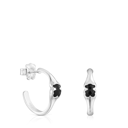 TOUS Pendientes de Aro para Mujer de Plata de Primera Ley y Motivo Oso En Ónix, 16,5 mm, Colección Icon Color