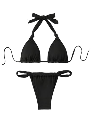 SOLY HUX Women's Two Piece Swimsuit Halter Triangle Tie Knot Bathing Suit Thong Bikini Sets
