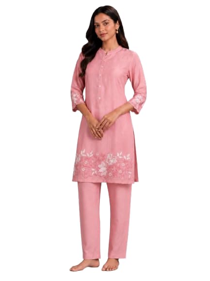 Women's Yellow Embroidered Kurta Pant Set | Straight Fit Long Kurti with Floral Embroidery | Mandarin Collar 3/4 Sleeves Ethnic Wear for Casual, Festive & Office Wear-picture-34