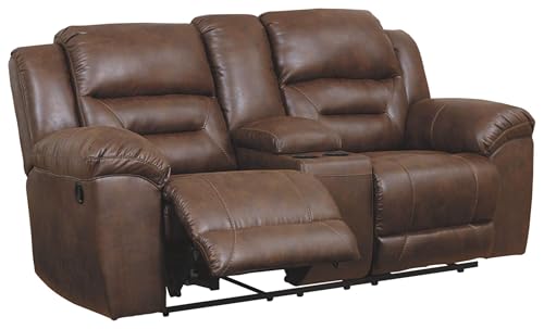 Image of Signature Design by Ashley Stoneland Faux Leather Manual Double Reclining Loveseat with Center Console, Dark Brown