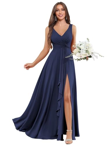 Image of BOLENSYE Bridesmaid Dresses Long Ruched Ruffles Chiffon A Line Evening Party Gown with Pockets Slit