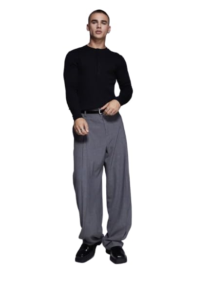 Image of FUGAZEE Black Ribbed Henley Long Sleeve T-Shirt for Men | Muscle Fit Ribbed Knit Tee with Crew Neck & Button Placket | Stretch Fabric Longsleeve Top | Structured Rib Texture