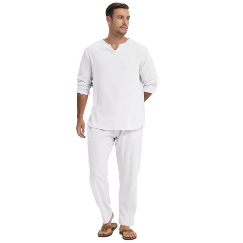 ANBOBER Conjunto masculino de 2 peças de linho de algodão manga comprida Henley camisa casual de pra