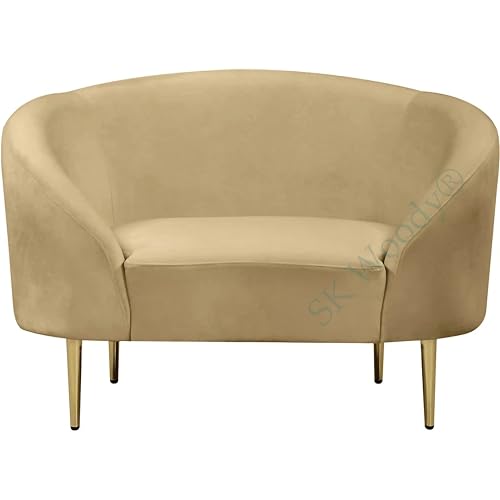 Image of Rosewood Luxury Curved Sofa in Premium Velvet-Fabric | Solid Wood Structure | High Density Foam | Sturdy Golden Legs | Comfortable & Stylish Couch for Modern Living Room (Camel, 1 Seater)