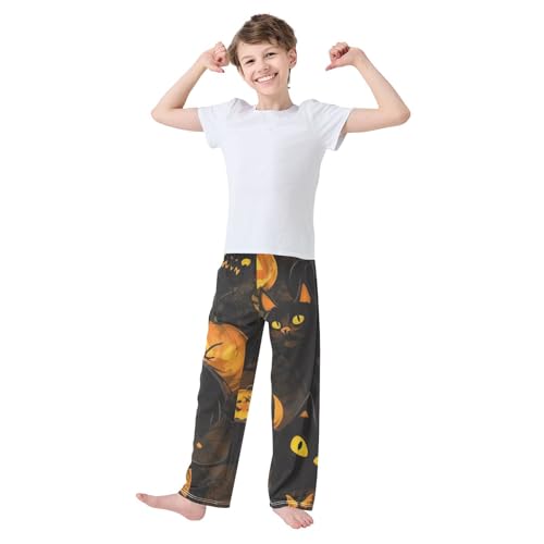 Cat and Pumpkin Boys Long Pants Soft Trousers Elastic Waist Kids Lounge Bottoms with Pockets S-XL3