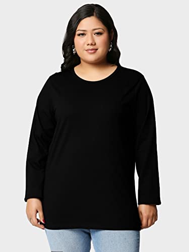 Image of Bewakoof Women's Solid 100% Cotton Plus Size T-Shirt - Slim Fit, Round Neck, Full Sleeves