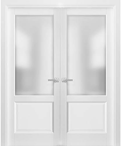 Solid French Double Doors 72 x 80 inches Frosted Glass | Lucia 22 Matte White | Wood Solid Panel Frame Trims | Closet Bedroom Sturdy Doors