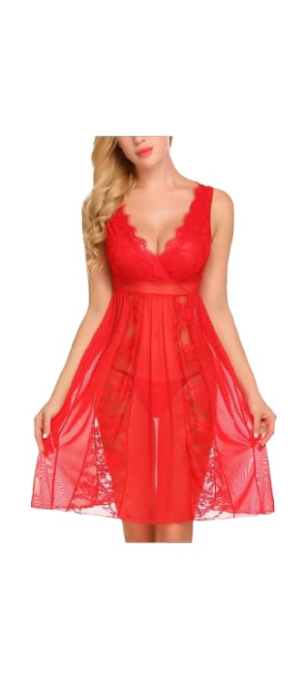Women's Sheer Lace Babydoll Dress with Matching Panty – Nylon & Polyester Soft Mesh Deep V-Neck Sleeveless Chemise Nightwear, Floral Lace Trim, Romantic Bridal Sleepwear, Loungewear Gift for Women-image-39