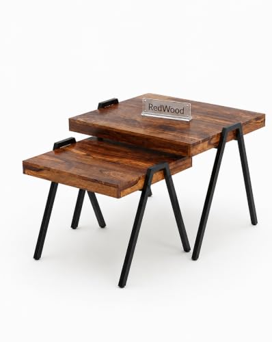Image of Solid Sheesham Wood Coffee Table Set of 2 with Metal Legs | Modern Nested Center Tables for Living Room | Industrial Wooden Tea Tables Space Saving Stackable Cocktail Furniture for Home | Brown