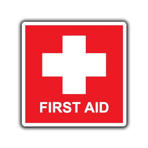 Image of WSQ First Aid Sticker Decal, Emergency 4 x 4 Inches, for Box, Emergency First Aid Kit Signs Water Resistance Multicolor Size 4 Inches 2 Pack
