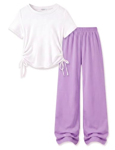 Image of Arshiner Girls 2 Piece Outfit Ruched Drawstring Tops and Wide Leg Pants Set