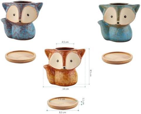 T4U Ceramic Succulent Planter Pot, Fox Shaped Cute Cactus Plant Pot with Bamboo Tray for Home Office Desk Decoration Birthday Wedding with Transmutation Glaze, Set of 3 (Full Set)