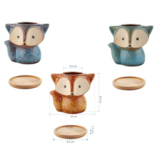 T4U Ceramic Succulent Planter Pot, Fox Shaped Cute Cactus Plant Pot with Bamboo Tray for Home Office Desk Decoration Birthday Wedding with Transmutation Glaze, Set of 3 (Full Set)