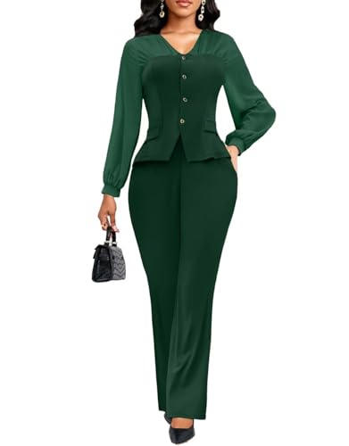 2 Piece Pant Suits for Women Dressy Business Casual Outfits Mesh Long Sleeve Blazer Straight Leg Pants Sets Office Work