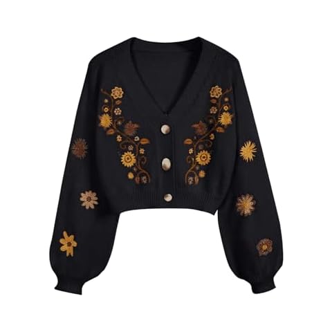 BEAUDRM Women's Floral Boho Cardigan Sweater Cottagecore Cropped Cardigan Western Embroidery Button Down Sweates Knit Top Black Small Cover