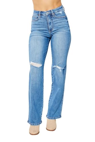 Judy Blue Women's High-Rise Tummy Control Destroyed Knee Straight Jeans - 88785 (Medium Blue, 20 Plus)