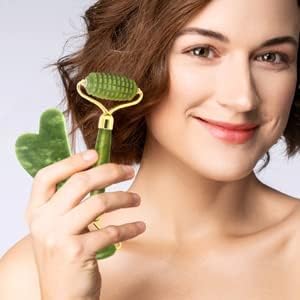 100% Natural Jade Stone Roller and Gua Sha Set including Vitamin C Serum, Green - Image 4