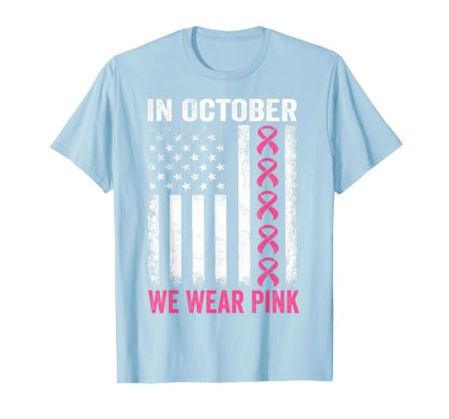 in October we Wear Pink Us Flag Breast Cancer Awareness T-Shirt, Men, Baby Blue, Small
