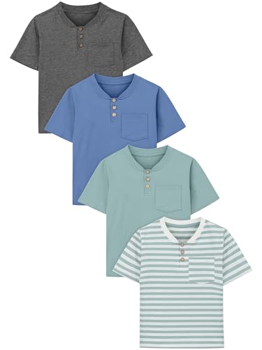 Image of Poroka 4 Pack Baby Boys and Toddlers Cotton Short-Sleeve T-Shirts Pocket Button Crew Neck Tee Short-Sleeve Shirts