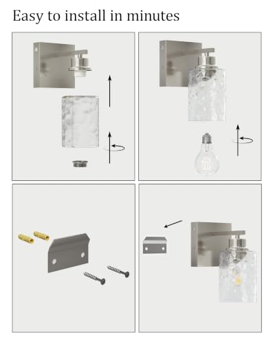 Image of Hammered Glass Wireless Battery Operated Wall Sconces Set of Two Nickel | Dimmable Rechargeable Wall Lights with Remote Timer, Easy Install Lamp for Living Room Bedroom, Emergency 3000K
