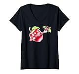 Damen Lustiger Eat A Red Apple-Cartoon-Figur Plugging Fruit T-Shirt mit V-Ausschnitt