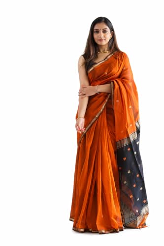 AKLEENA Womens Banarasi Cotton Silk Saree with Golden Zari Border | Soft Silk Saree with Unstitched Blouse Piece (Orange Black Combination)