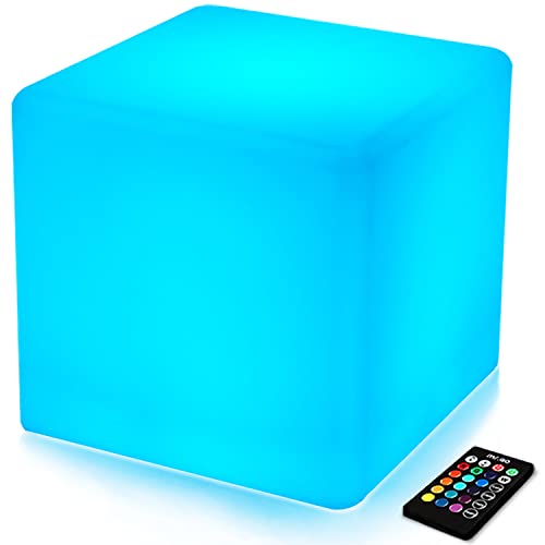 Mr.Go 14-inch 35cm Rechargeable LED Color Cube Light Seat W/ Remote Control Magic RGB Color Changing Side Table Stool Home Bedroom Patio Pool Party Mood Lamp Night Light Romantic Decorative Lighting
