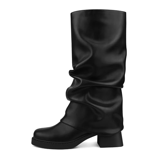Image of Buckle Chunky Heel Knee High Boots Fall Winter Commute | chunky heel boots, knee high boots, sqaure toe boots