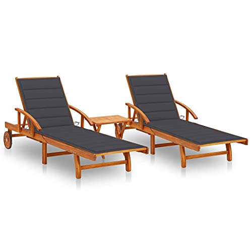 QZZCED Juego de Tumbonas de Madera con Mesa Plegable de Acacia Maciza para Jardín, Patio y Terraza, Ajustable con Ruedas y Cojín Decorativo, Resistente a la Intemperie y Fácil