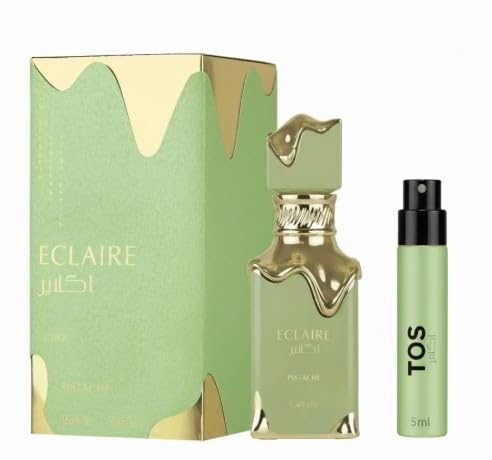 Lattafa Eclaire Pistache 100ML Eau de Parfum, Perfume Árabe Unisex de Larga Duración, Fragancia Dulce y Cremosa con Pistacho y Vainilla + Atomizador Spray para viajes