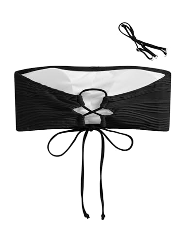 ZAFUL Women Textured Bandeau Bikini Top Lace up Strapless Swimsuit Solid Color High Cut Bathing Suits Top Only3