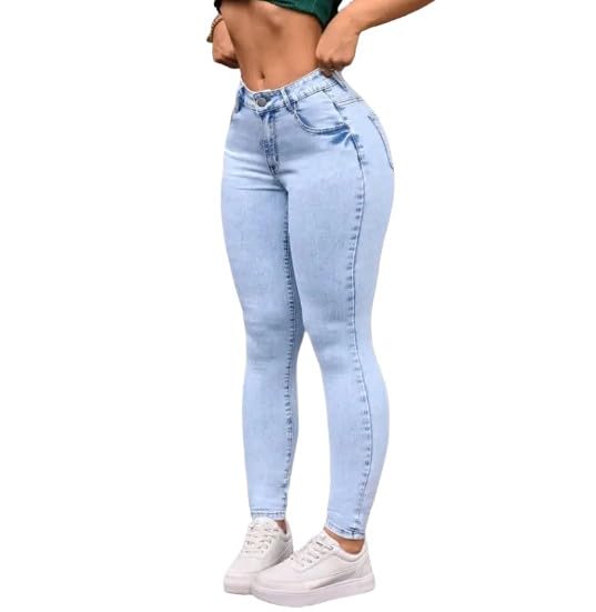 Women's High Stretch Skinny Casual Jeans with Pockets - Light Wash, Zipper Fly, and Curvy Fit