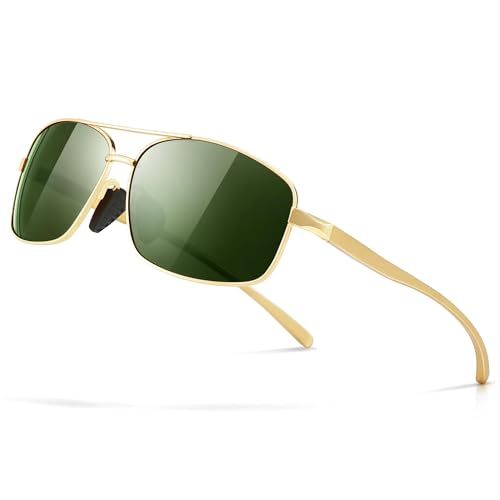 SUNGAIT Ultra Lightweight Rectangular Polarized Sunglasses (Gold Frame, Green Lens)