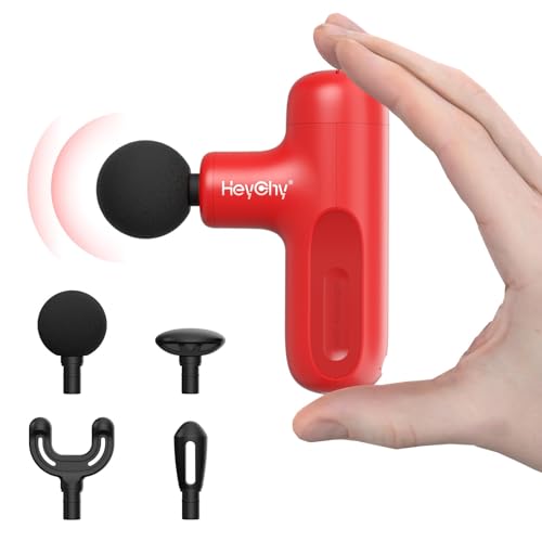 HEYCHY Super Mini Massage Gun Deep Tissue, Handheld Percussion Massager with 4 Heads, Travel Size Muscle Massager Gun for Men & Women Back Pain Relief, Quiet for Home, Gym, Office, Red