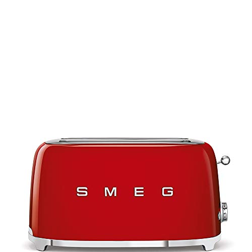 Image of SMEG 4 Slice Toaster TSF02, Long Slot Toaster with Wide Slots for Bagels & Artisan Bread, Retro Stainless Steel, 6 Browning Levels, Defrost Reheat Bagel Functions, 1400W - (Red)