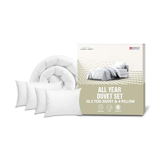 SleepyNights Double Duvet 10.5 Tog Poly Cotton Quilt with 4 Bounce Back Pillows Anti-Allergy All Seasons Bedding Set Hollowfibre Filling Machine Washable Made in UK (200x200cm)