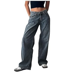 Generisch 2025 - Jean pour femme avec jambes larges et taille basse, coupe ample, coupe droite, jean stretch tendance, pantalon long, pantalon confortable pour femme, bleu foncé, XL