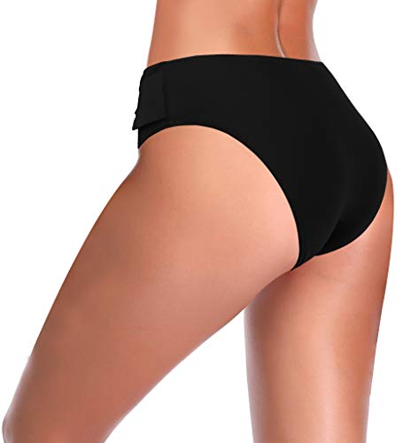 Shekini Women's Bikini Bottom Knot Swimsuit Classic Brief Mid Waisted Tie Bathing Suit Bottom (Black, Small) #TOP5