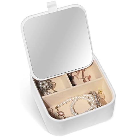 Small Velvet Jewelry Box with Mirror Mini Jewelry Boxes for teen girls kids Travel Jewelry Storage Case for Trinket Ring Earring White Makeup Organizer (Square) Cover