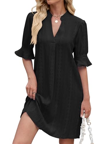 Tolaler Kleider Damen Sommer Elegant Freizeitkleid Frauen V-Ausschnitt Rüschen Minikleid Casual Kurzes Einfarbig Kleid Schwarz M