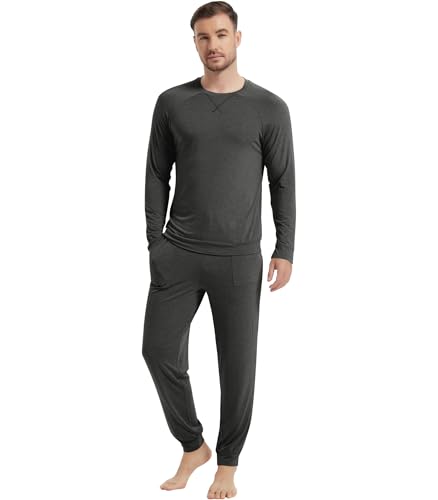 Image of NACHILA Mens Pajamas Set Long Sleeve Henley Sleepwear Top Soft Jogger Pants Pajamas Cool Pjs Set,Viscose Made from Bamboo