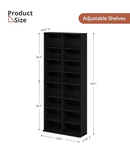 VPSMAT DVD Rack Tower, 16-Shelf DVD Storage Racks with Adjustable Shelves 8-Tier Multimedia Storage Tower for Living Room Home Office