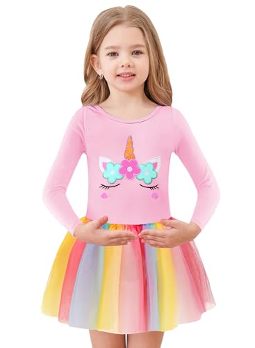 EQSJIU Ballerina Outfit for Girls 4-5 Kids Girls Classic Adorable Cotton Baby Pink Unicorn Long Sleeve Leotard Dance Ballet Dress 4t 5t
