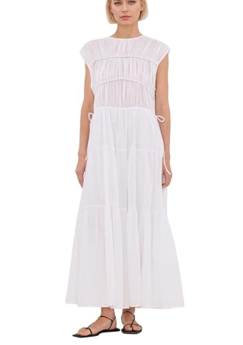 Image of calbatic Women Pleated Ruched Tiered Maxi Dress Sleeveless Patchwork Ruffle Hem A Line Flowy Summer Elegant Long Dress