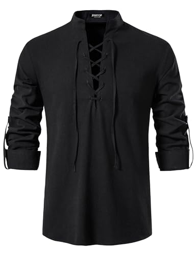 JEMITOP Men's Pure Cotton Retro Lace Up Shirts for Renaissance Pirate Medieval Viking